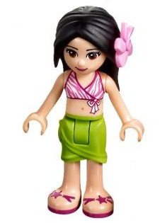 LEGO Friends Martina minifigure wearing a dark pink and white striped swimsuit top, lime wrap skirt, and bright pink flower in her dark hair.