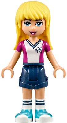 LEGO Friends Stephanie minifigure with blonde hair, magenta and white soccer jersey, dark blue shorts, and blue shoes.