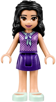 LEGO Friends Emma minifigure with black wavy hair, medium lavender polka dot top, dark purple skirt, and light aqua shoes.
