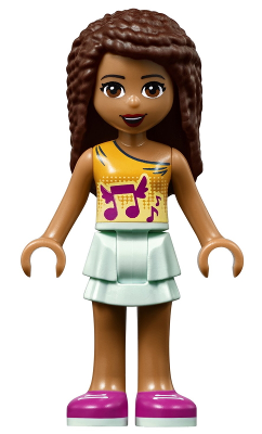 LEGO Friends Andrea minifigure frnd0260: brown curly hair, orange top with winged music notes, light aqua skirt, magenta shoes.