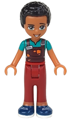 LEGO Friends minifigure Dean with black curly hair, dark brown skin, dark turquoise shirt, dark red paint-splattered overalls, and dark blue shoes.