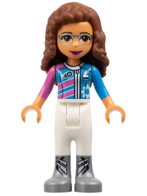 LEGO Friends Olivia minifigure with brown curly hair, glasses, a pink and blue racing jacket, white trousers, and grey boots.
