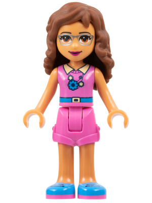 LEGO Friends Olivia minifigure with brown curly hair, glasses, dark pink top, blue belt, dark pink shorts, and blue shoes.