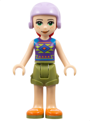 LEGO Minifigure frnd0291, Friends Mia, with lavender ski helmet, red hair, dark purple top with geometric pattern, olive green shorts, and orange shoes.