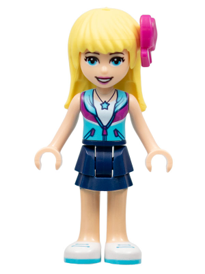 LEGO Friends Stephanie minifigure with blonde hair, pink bow, blue and purple jacket, dark blue skirt, and white shoes.