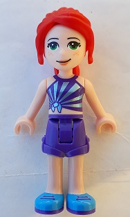 LEGO Friends Mia minifigure with red hair, striped top, and dark purple shorts.