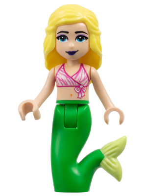 LEGO Friends Chloe minifigure with blonde hair, dark pink/white swimsuit top, and bright green mermaid tail.
