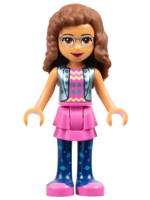 LEGO Friends Olivia minifigure frnd0370 in dark pink skirt, dark blue leggings with space print, dark pink top, and blue vest.