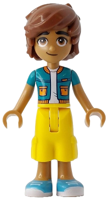 LEGO Friends Leo minifigure with brown skin and hair, wearing a dark turquoise jacket, yellow cropped trousers, and medium azure shoes.