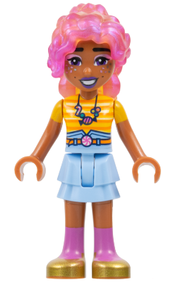 LEGO Friends minifigure Gigi (frnd0810) with pink curly hair, yellow striped shirt, flamingo necklace, blue skirt, and purple boots.