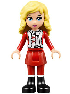 LEGO Friends Ewa minifigure with blonde hair, red and white holiday top, white scarf, red skirt, and black boots.