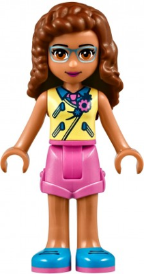 LEGO Friends Olivia minifigure (frnd241) with brown hair, blue glasses, bright light yellow vest, dark pink shorts, and blue shoes.
