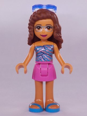 LEGO Friends frnd408 Olivia minifigure with brown curly hair, light blue sunglasses, wavy blue and pink top, pink skirt.