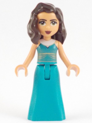 LEGO Friends Amelia minifigure with dark brown hair, green eyes, wearing a teal dress with gold accents and a long skirt.