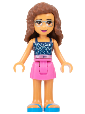 LEGO Friends Olivia minifigure with brown hair, silver glasses, dark blue constellation top, dark pink skirt, and blue flip-flops.