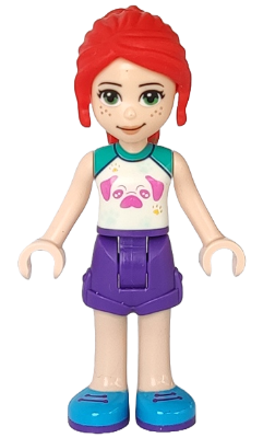 LEGO Friends Mia minifigure with red hair, white top with pug, dark purple shorts, and blue shoes.