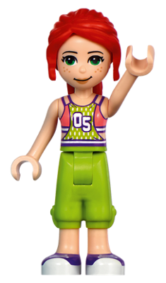 LEGO Friends Mia minifigure with red hair, coral and lime jersey with '05', lime trousers, and dark purple and white shoes.