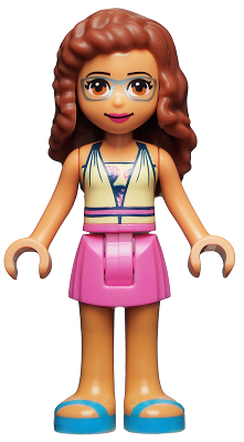 LEGO Friends Olivia minifigure (frnd455) with nougat skin, brown curly hair, blue glasses, halter top with strawberries, dark pink skirt, and blue sandals.