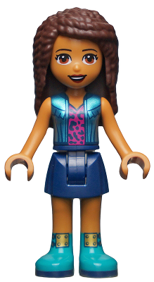 LEGO Friends Andrea minifigure with dark brown hair, metallic light blue jacket, magenta animal print top, dark blue skirt, and aqua boots.