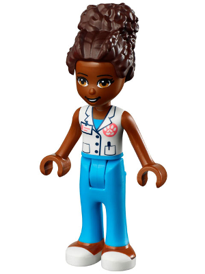 LEGO Friends Nandi minifigure with dark skin, brown hair, white vet vest with pink paw print, dark azure trousers, and white-tipped shoes.