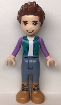 LEGO Friends Ethan minifigure frnd538 with brown hair, dark turquoise and purple top, sand blue trousers, and brown boots.