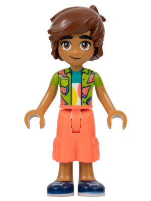 LEGO Friends Leo minifigure (frnd579) with brown hair, lime watermelon shirt, coral cropped trousers, and dark blue shoes.