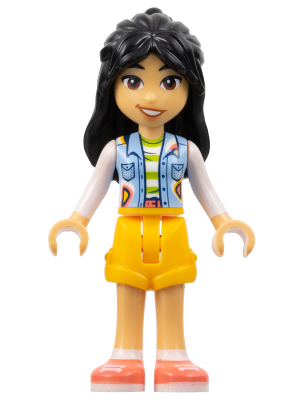 LEGO Friends Liann minifigure in a bright light blue vest with pockets, bright light orange shorts, and coral shoes.