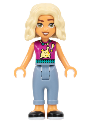 LEGO Friends Nova minifigure (frnd591) with blonde wavy hair, magenta sleeveless top with yellow alien, sand blue cuffed trousers, black shoes.