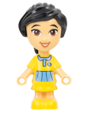 LEGO Friends Victoria micro doll frnd607 with black hair, light skin, smiling face, and yellow dress with blue details.
