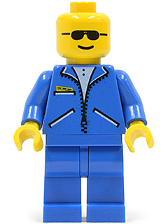 LEGO Minifigure with yellow head, black sunglasses, smiling face, blue torso with open zipper jacket and white shirt, blue arms and legs.