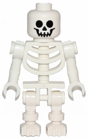 A white LEGO skeleton minifigure with a standard skull face print, bent arms, and vertical grip hands.