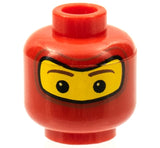 Red LEGO minifigure head with yellow balaclava pattern, black eyes with white spots, and brown eyebrows.