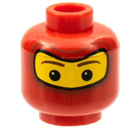 Red LEGO minifigure head with yellow balaclava pattern, black eyes with white spots, and brown eyebrows.