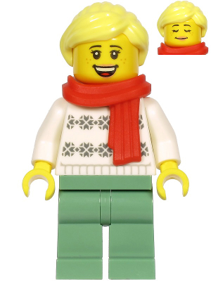 LEGO Minifigure hol216, woman with bright yellow hair, white snowflake sweater, sand green legs, and red scarf.