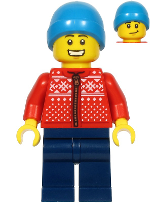 LEGO Minifigure hol217: Man in red winter jacket with white patterns, dark blue legs, and a dark azure beanie.