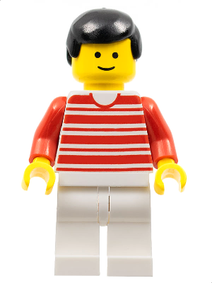 LEGO Minifigure hor013 with red and white striped torso, red arms, white legs, yellow head with smile, and black hair.