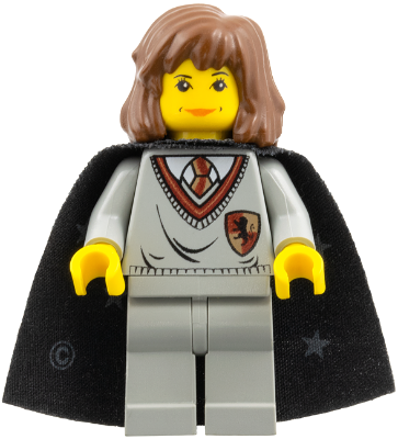 LEGO Hermione Granger minifigure with brown hair, Gryffindor shield torso, light gray legs, and a black cape with stars.