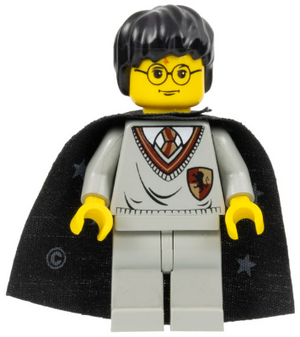 LEGO Minifiguur hp005 - Harry Potter - Griffoendor Schild Torso, Lichtgrijze Benen, Zwarte Cape met Sterren 
