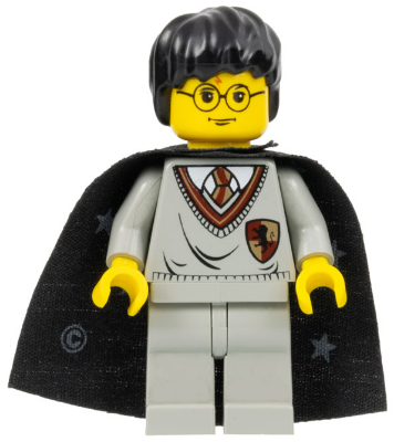 LEGO Minifigure hp005: Harry Potter with Gryffindor shield torso, light gray legs, and black cape with stars.