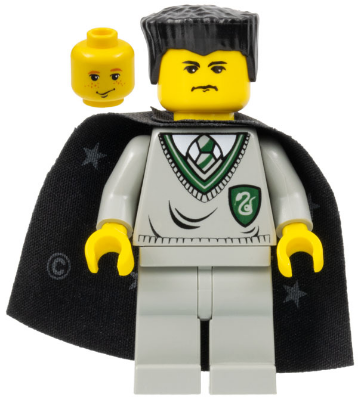 LEGO Minifigure hp027 Vincent Crabbe: light gray Slytherin sweater, black star cape, black flat top hair. Second freckled minifigure head.