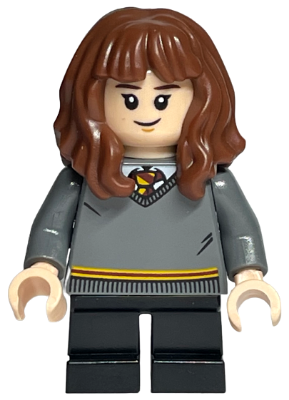 LEGO Minifigure hp139 Hermione Granger in a grey Gryffindor sweater with a tie, brown hair, and a smiling face.