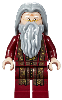 LEGO Minifigure hp147 Albus Dumbledore in dark red robe, with light bluish gray hair and beard.