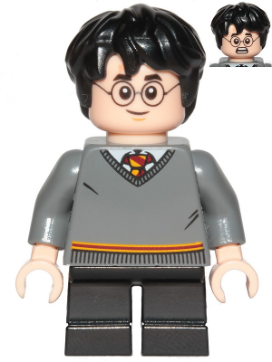LEGO Minifigure hp150 Harry Potter in Gryffindor sweater with black short legs. Features two faces: smiling and scared.