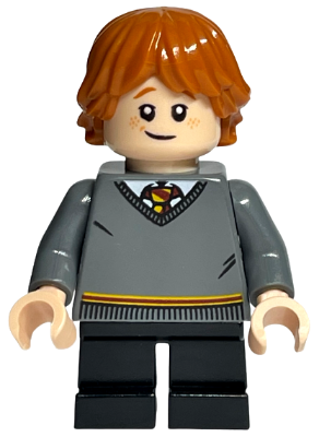 LEGO Ron Weasley minifigure hp151 in grey Gryffindor sweater, black pants, with reddish-brown hair and freckles.