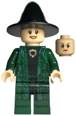 LEGO Minifigure Professor Minerva McGonagall (hp152) wearing a black hat, dark green robe with leaf print, and a dual-sided head (smiling and stern).