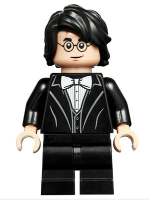 LEGO Minifigure of Harry Potter wearing a black suit, white bow tie, and glasses, with black hair and a lightning scar.