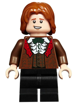 LEGO Minifigure hp185 Ron Weasley in reddish brown suit, white ruffled shirt, and black pants, smiling.