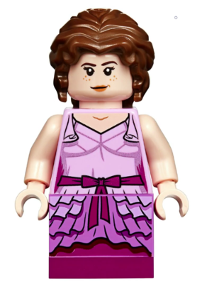 LEGO Minifigure hp186 Hermione Granger in a pink Yule Ball dress with brown wavy hair and freckles.