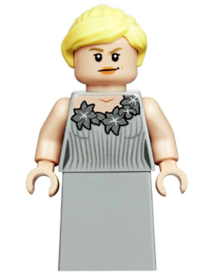 LEGO minifigure Fleur Delacour (hp187) in a light gray dress with dark gray floral print and blonde hair, stern expression.