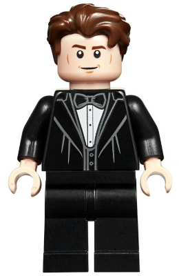 LEGO Minifigure hp188 Cedric Diggory in a black suit, white shirt, and black bow tie, with brown hair and a smiling face.
